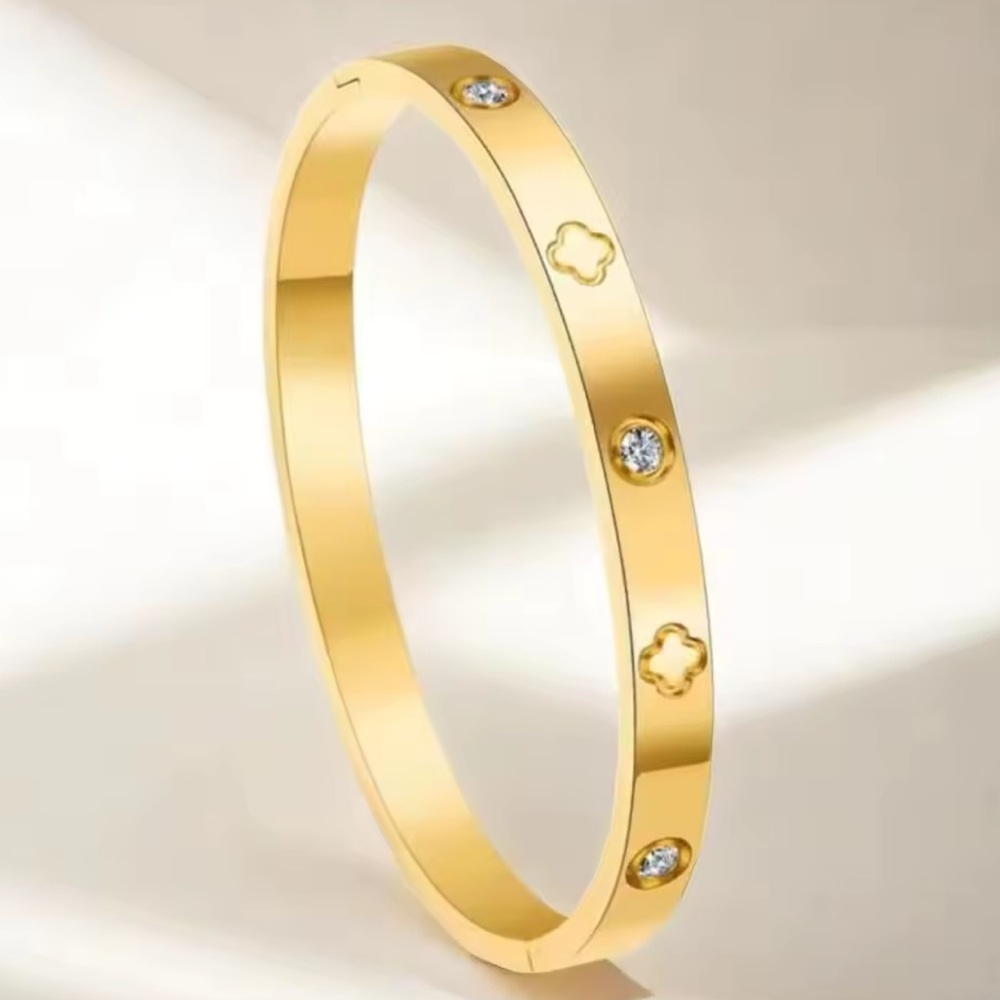 AAA Cubic Zirconia Accents 14K Gold Plated Stainless Steel Bangle with Gift Box